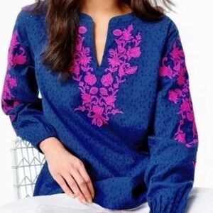 NWT Lilly Pulitzer Emberline Top Blue and Pink Embroidered Sz XXS